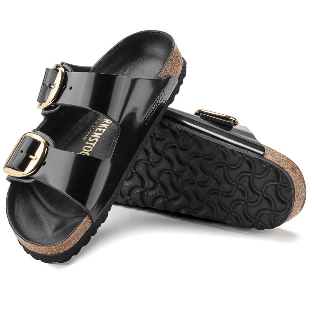 Birkenstock Arizona Big Buckle Sandals Natural Leather Patent High Shine Black - Picture 5 of 13